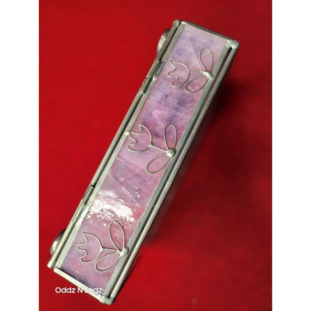 Stained Glass Trinket Box With Pink Opalescent Accents‎ & Metal Frame